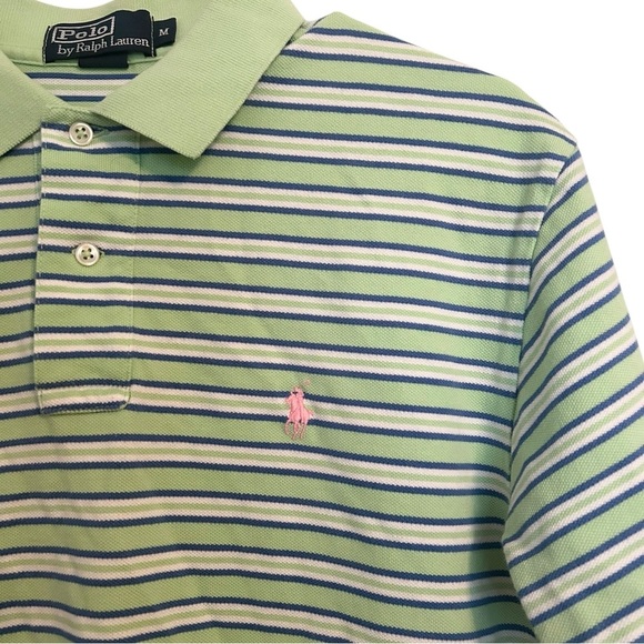Vtg Polo‎ Ralph Lauren Polo Shirt Mens Size M Lime Green Blue Stripe Pink Logo - Picture 1 of 3